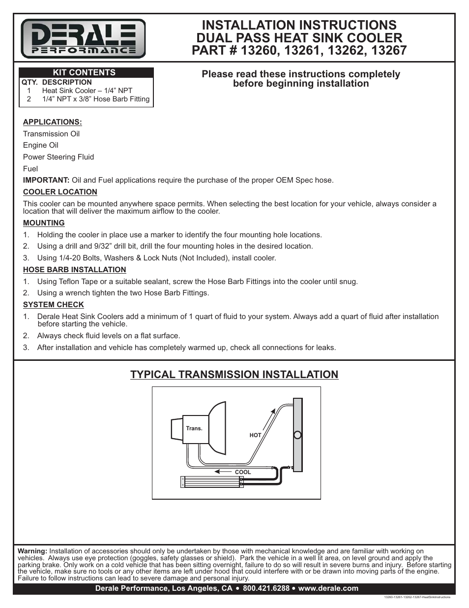 Derale Performance 2 Pass 24" Heat Sink Cooler User Manual | 1 page