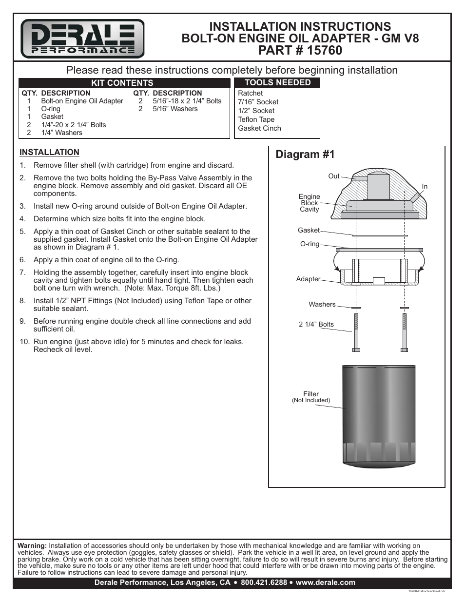 Derale Performance GM V8 Bolt On Engine Oil Filter Adapter User Manual | 1 page