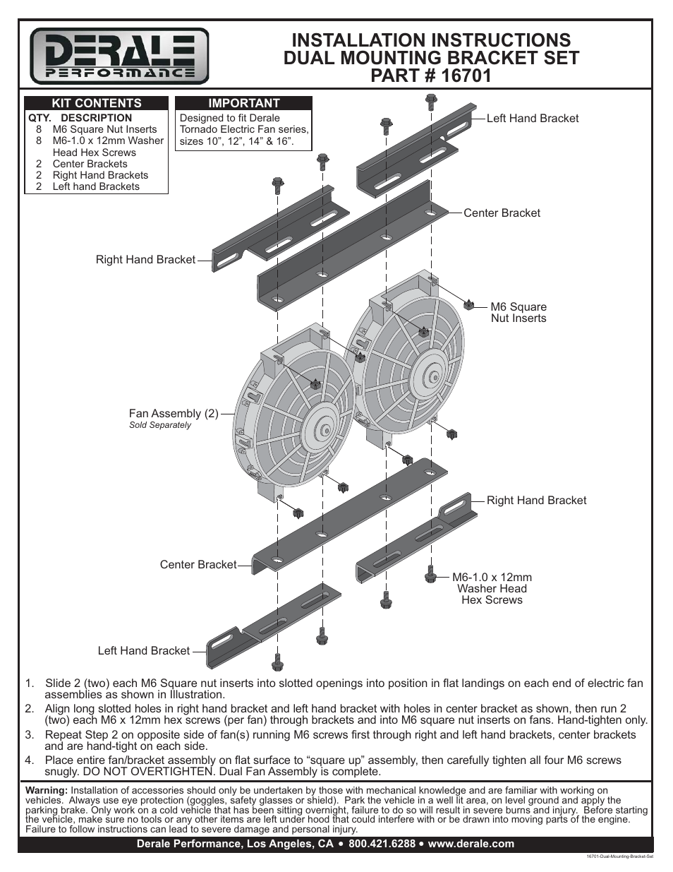 Derale Performance Black Tornado Electric Fan Mounting Bracket Kit, Dual Fan User Manual | 1 page