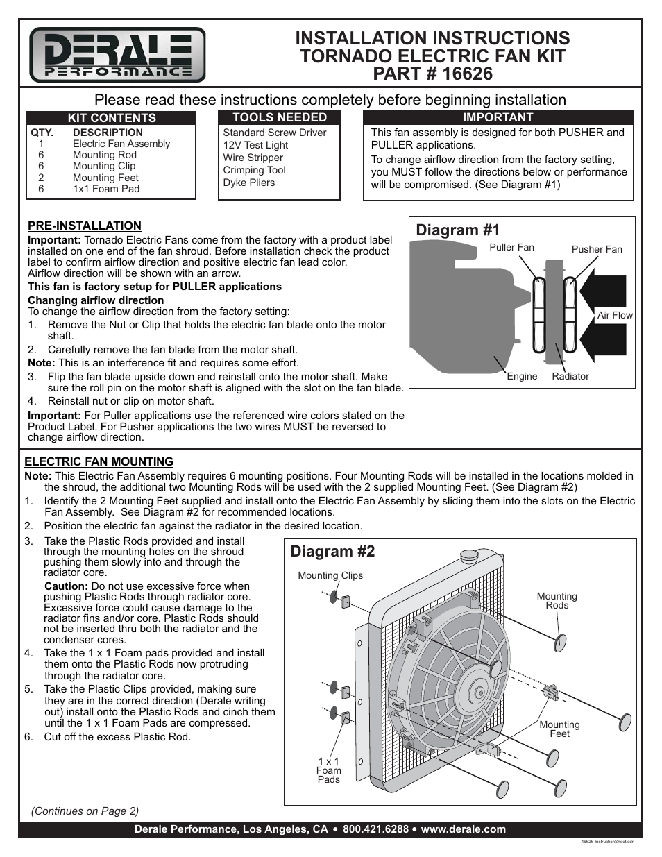 Derale Performance 16" Tornado Electric Puller Fan, Standard Mounting Kit User Manual | 2 pages