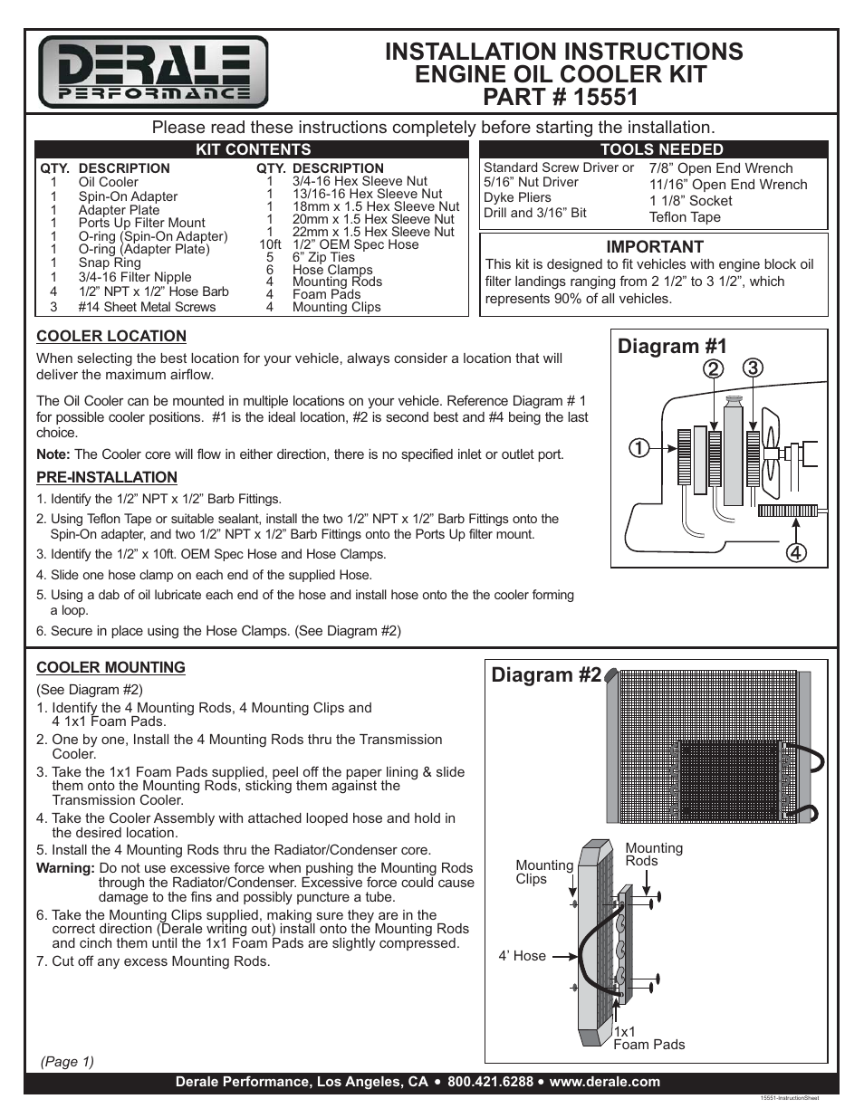 Derale Performance 6 Pass Series 7000 Aluminum_Copper Universal Engine Oil Cooler Kit, Spin On Adapter User Manual | 3 pages