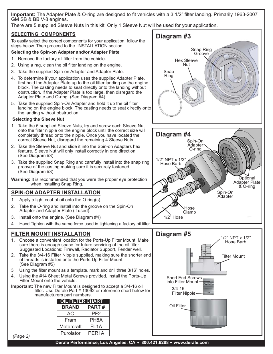 Diagram #4 diagram #3, Diagram #5 | Derale Performance 6 Pass Series 7000 Aluminum_Copper Universal Engine Oil Cooler Kit, Spin On Adapter User Manual | Page 2 / 3