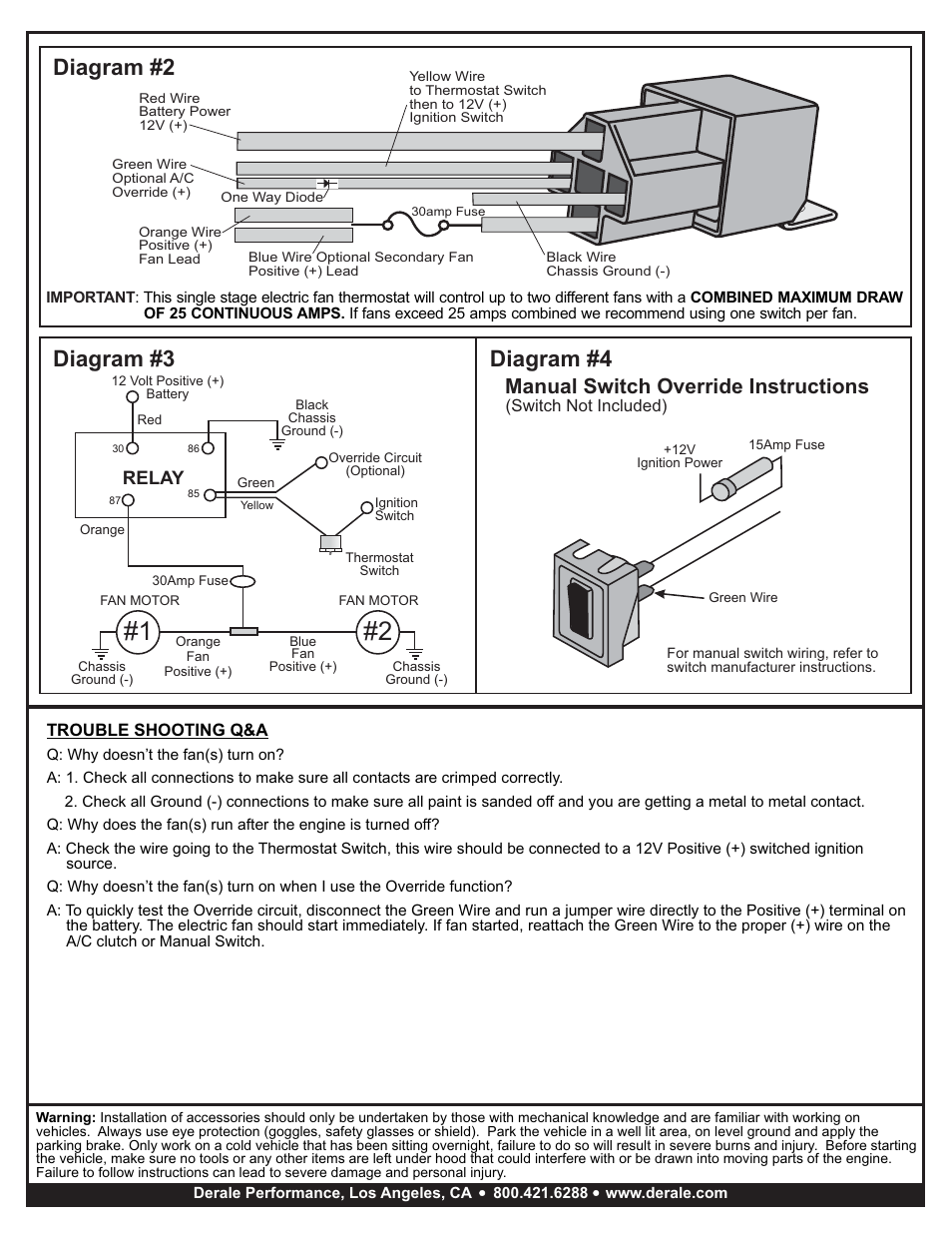 Diagram #4 diagram #2 diagram #3, Manual switch override instructions, Relay | Derale Performance Premium Single Stage 180 User Manual | Page 2 / 2