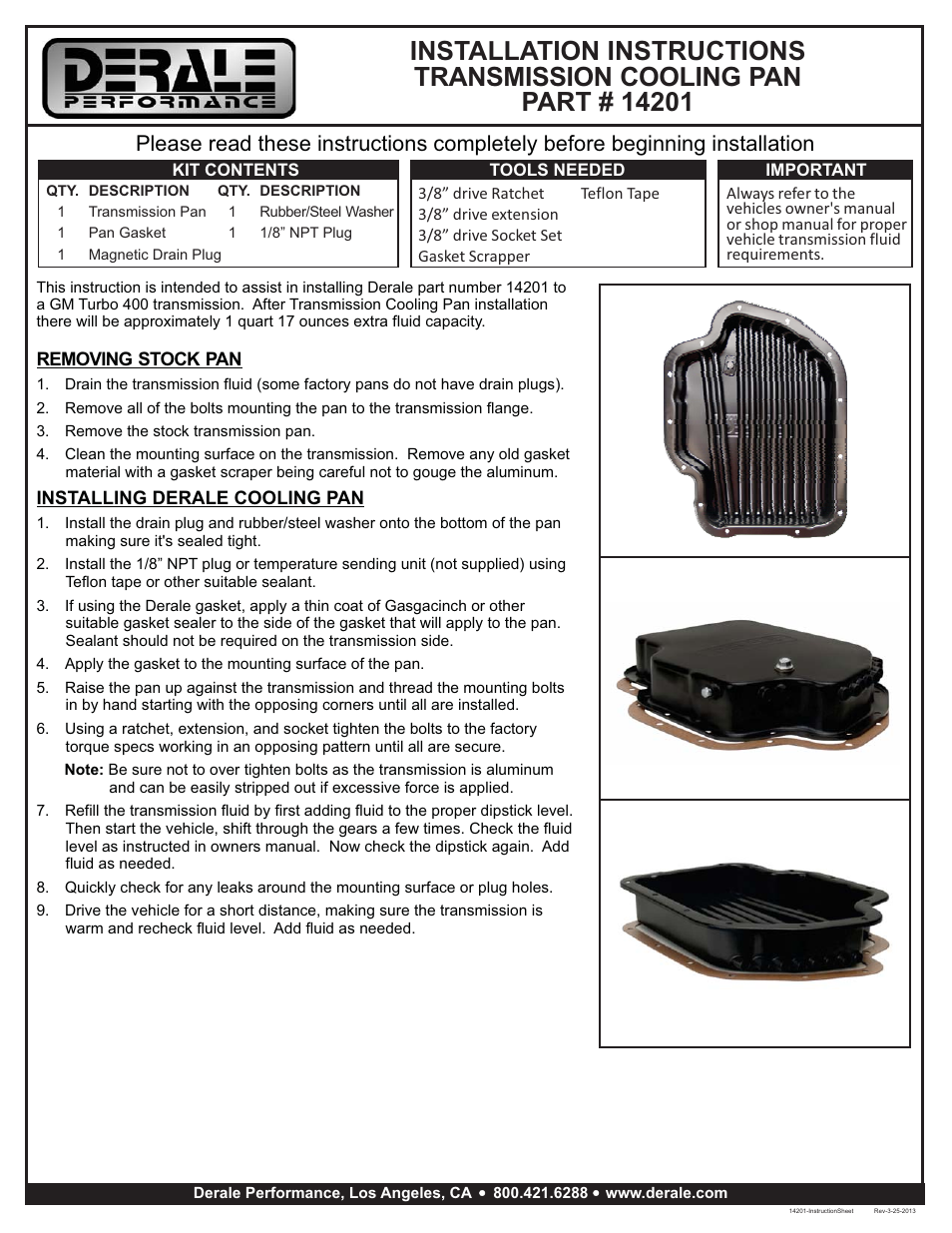 Derale Performance GM TH-400 Standard Depth Transmission Cooling Pan User Manual | 1 page