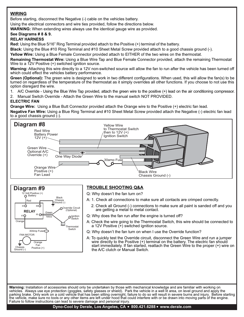 Diagram #9 diagram #8, Wiring, Trouble shooting q&a | Derale Performance Electric Fan User Manual | Page 3 / 3