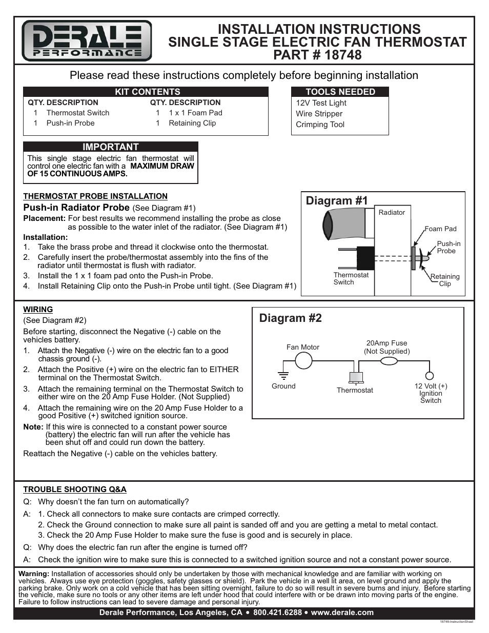 Derale Performance Standard Single Stage 180 User Manual | 1 page