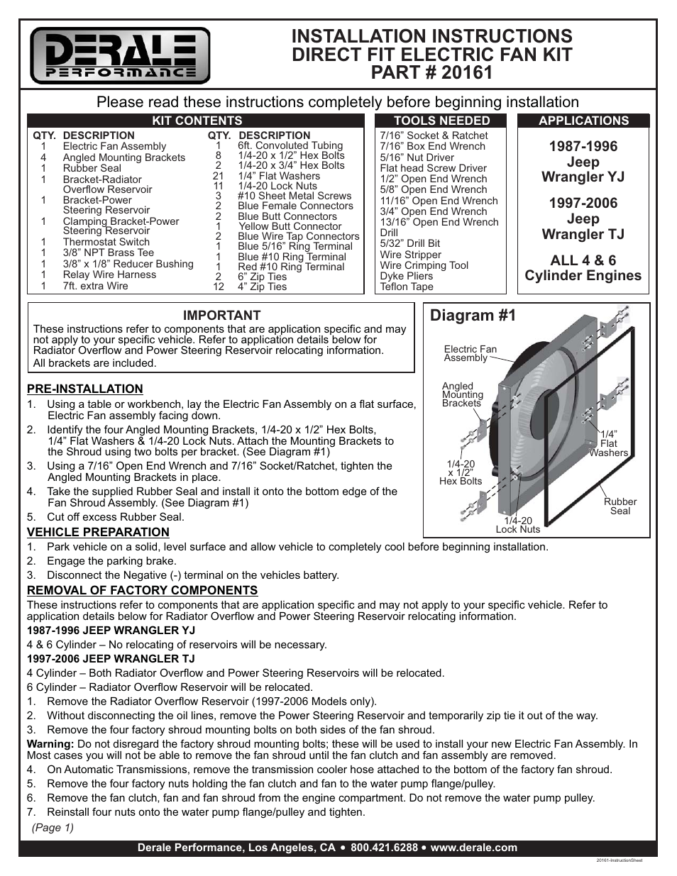 Derale Performance Direct Fit Jeep Wrangler Performance Electric Fan Kit User Manual | 4 pages