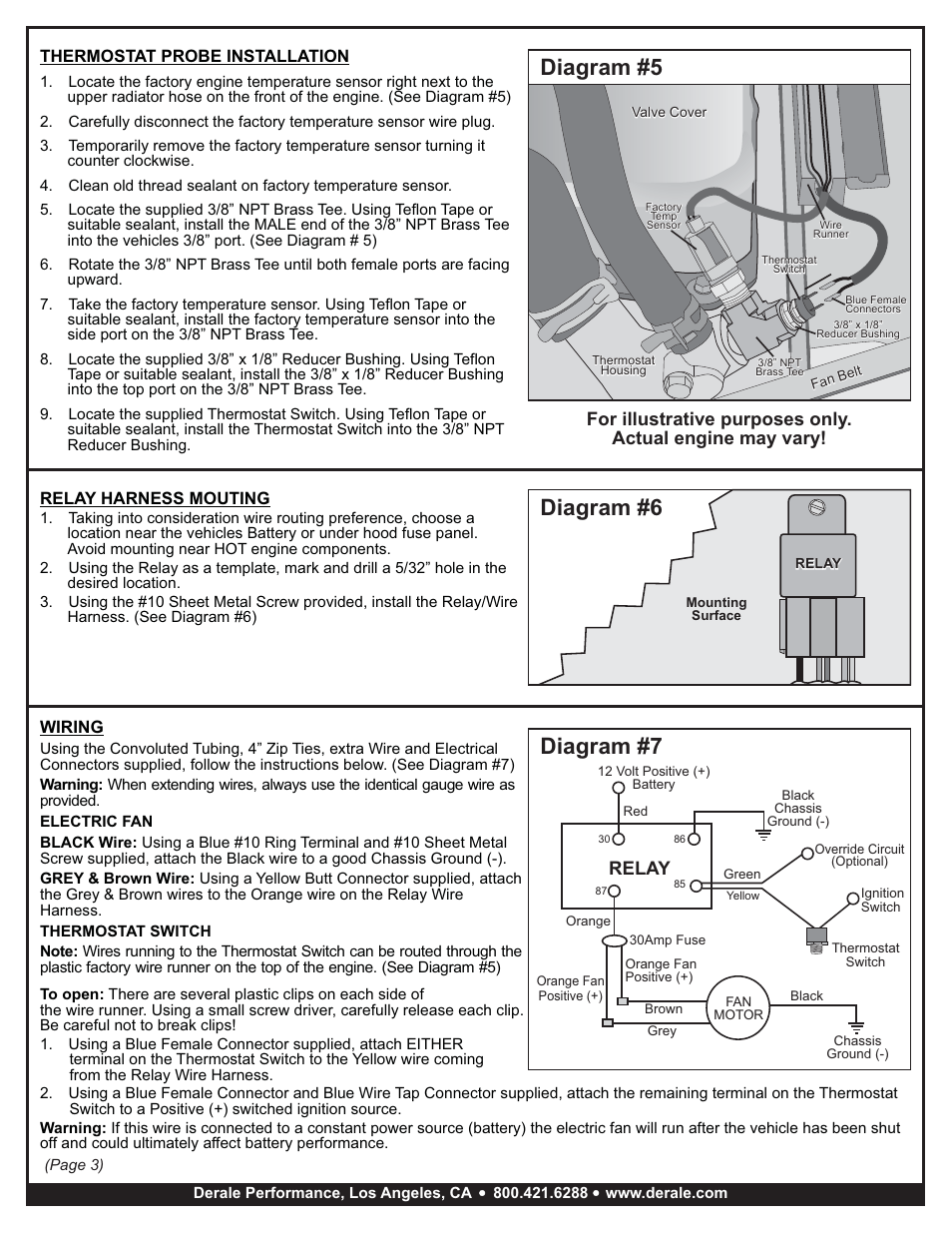 Diagram #5, Diagram #6, Diagram #7 | Relay, Thermostat probe installation, Relay harness mouting, Wiring | Derale Performance Direct Fit Jeep Wrangler Performance Electric Fan Kit User Manual | Page 3 / 4