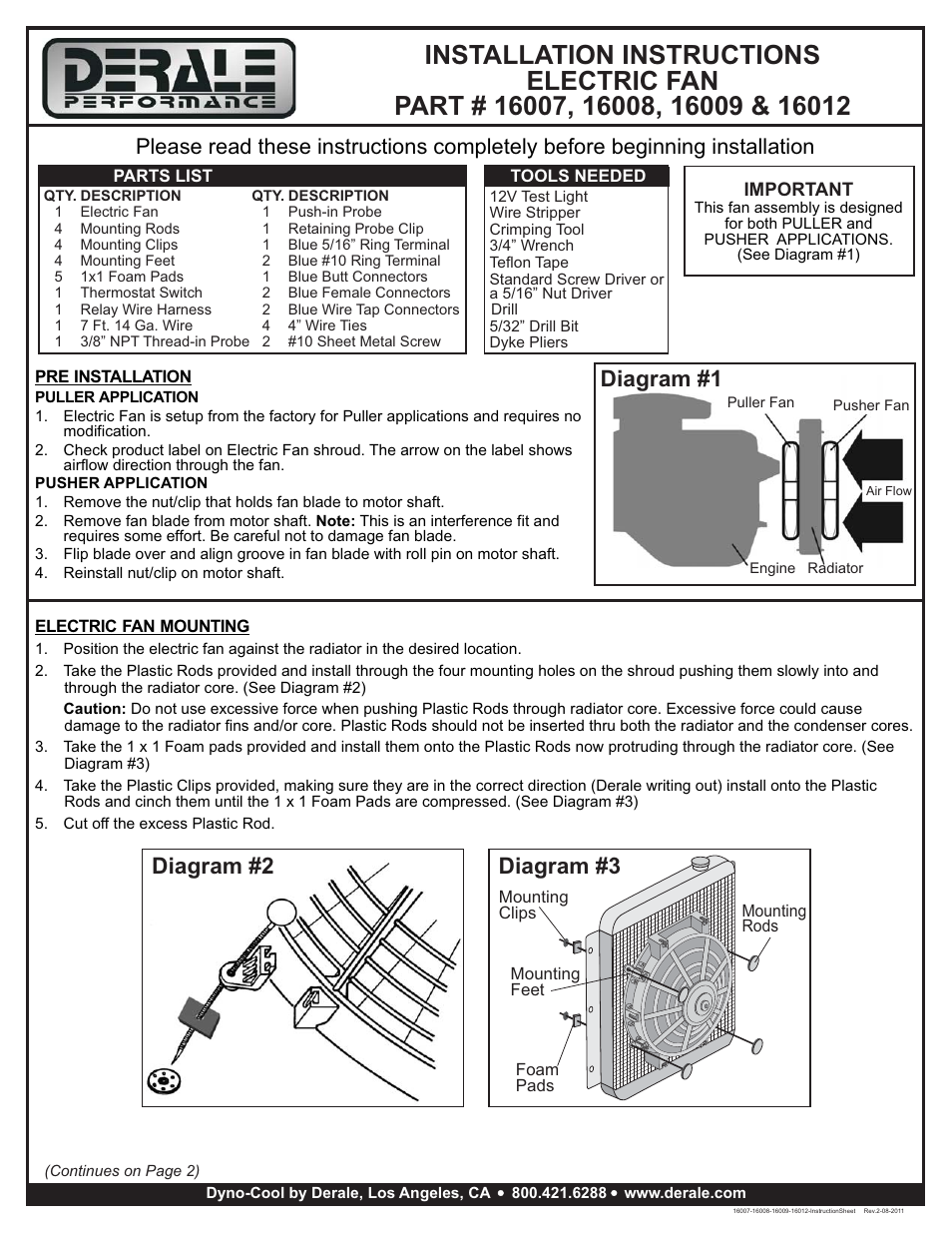 Derale Performance Tornado Electric Fan User Manual | 3 pages