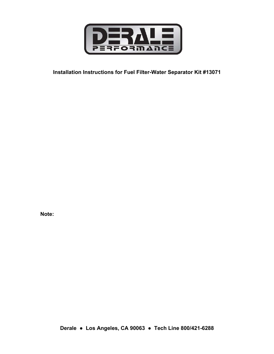 Derale Performance Fuel Filter-Water Separator Kit User Manual | 1 page