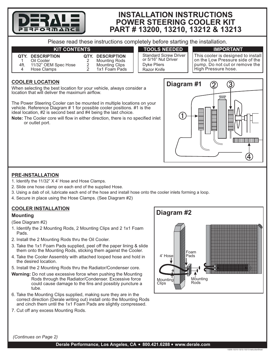 Derale Performance 2 Pass 8" Series 7000 Copper_Aluminum Power Steering Kit User Manual | 2 pages