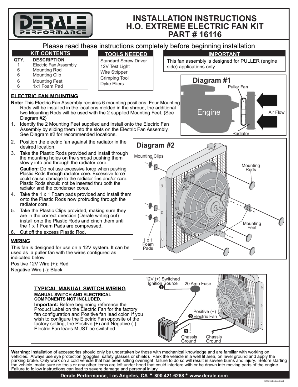 Derale Performance 16" High Output Curved Blade Electric Puller Fan User Manual | 1 page