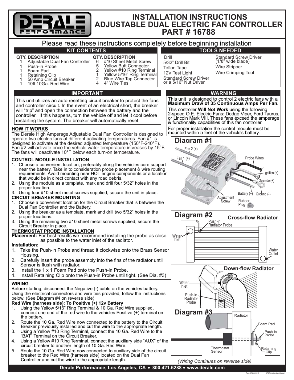 Derale Performance High Amperage Adjustable Dual Electric Fan Controller, Push In Probe User Manual | 2 pages