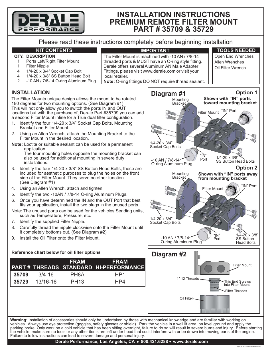 Derale Performance Premium -10AN Side Ports Single Filter Mount, 3__4"-16 Filter Threads User Manual | 1 page