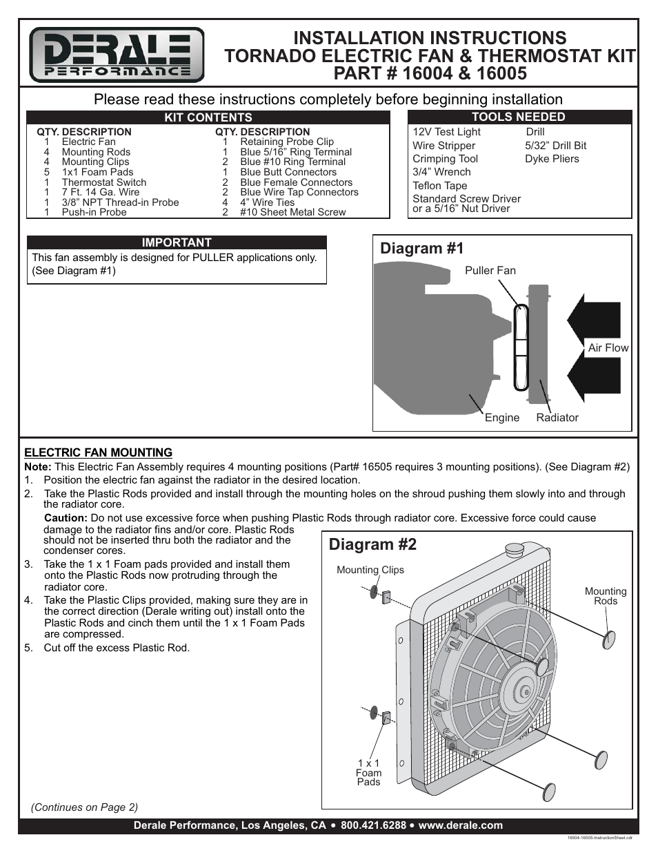 Derale Performance Tornado Electric Fan & Thermostat Kit User Manual | 3 pages