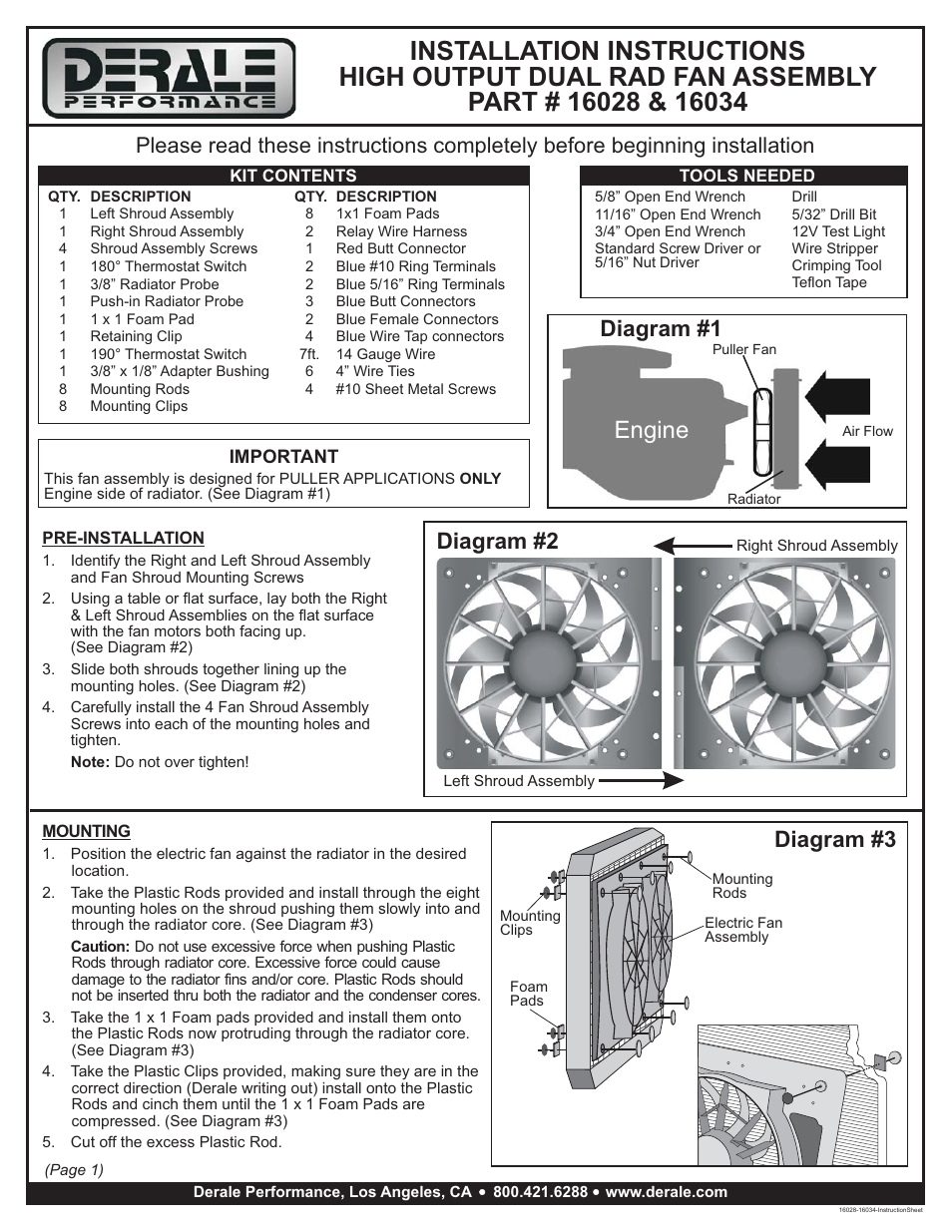 Derale Performance High Output Dual Rad Fan Assembly User Manual | 4 pages