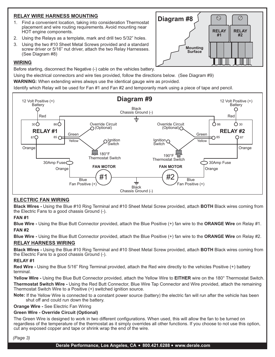 Diagram #9, Diagram #8, Relay #1 relay #2 | Derale Performance High Output Dual Rad Fan Assembly User Manual | Page 3 / 4