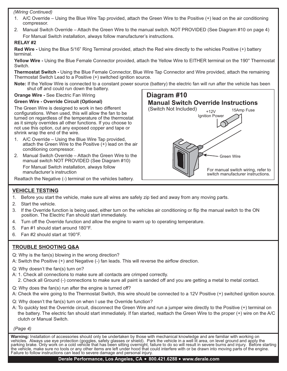 Diagram #10, Manual switch override instructions | Derale Performance High Output Dual Rad Fan Assembly User Manual | Page 4 / 4