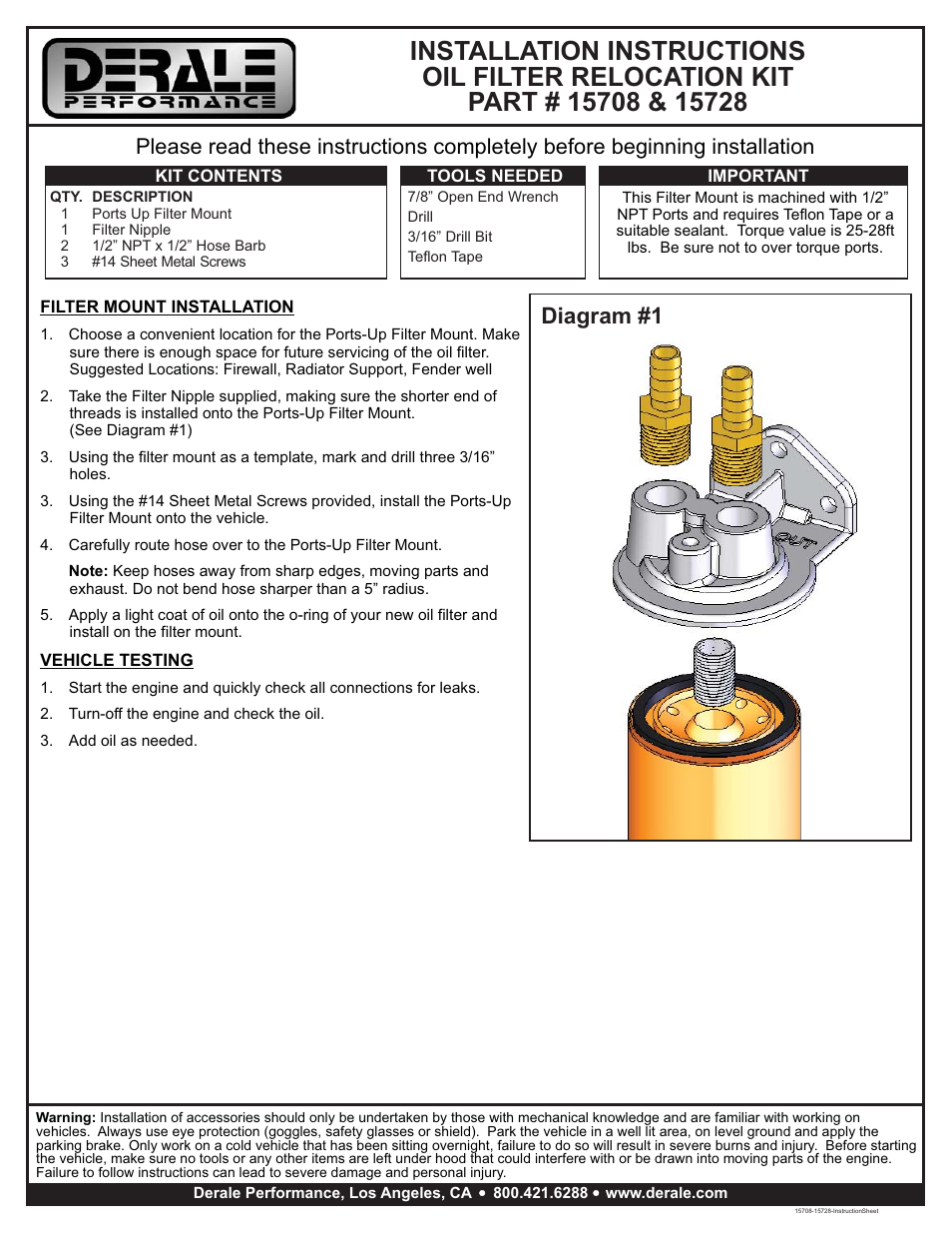 Derale Performance Single Ports Up 1_2" NPT Filter Mount User Manual | 1 page