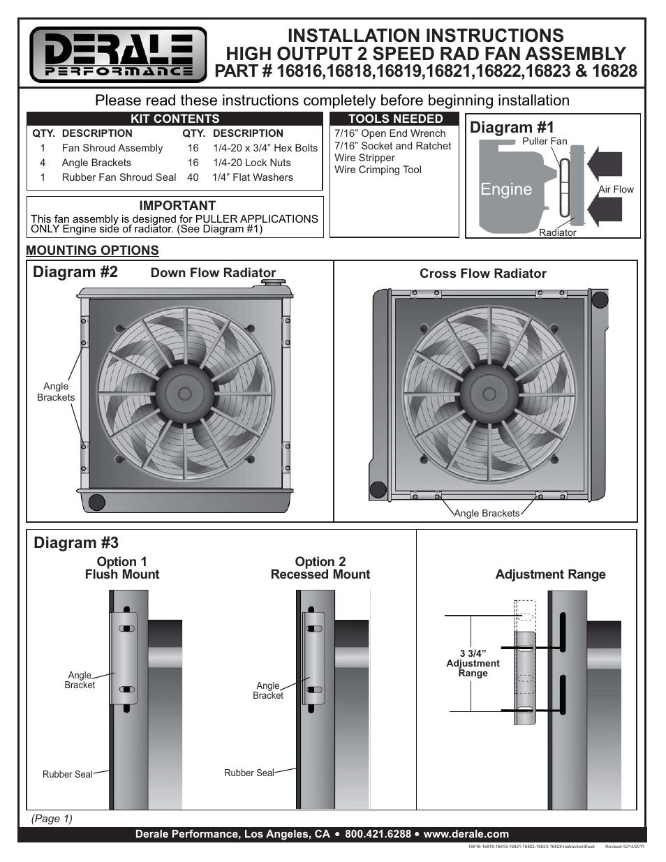 Derale Performance High Output Single 17" Electric RAD Copper_Aluminum Shroud Kit User Manual | 3 pages