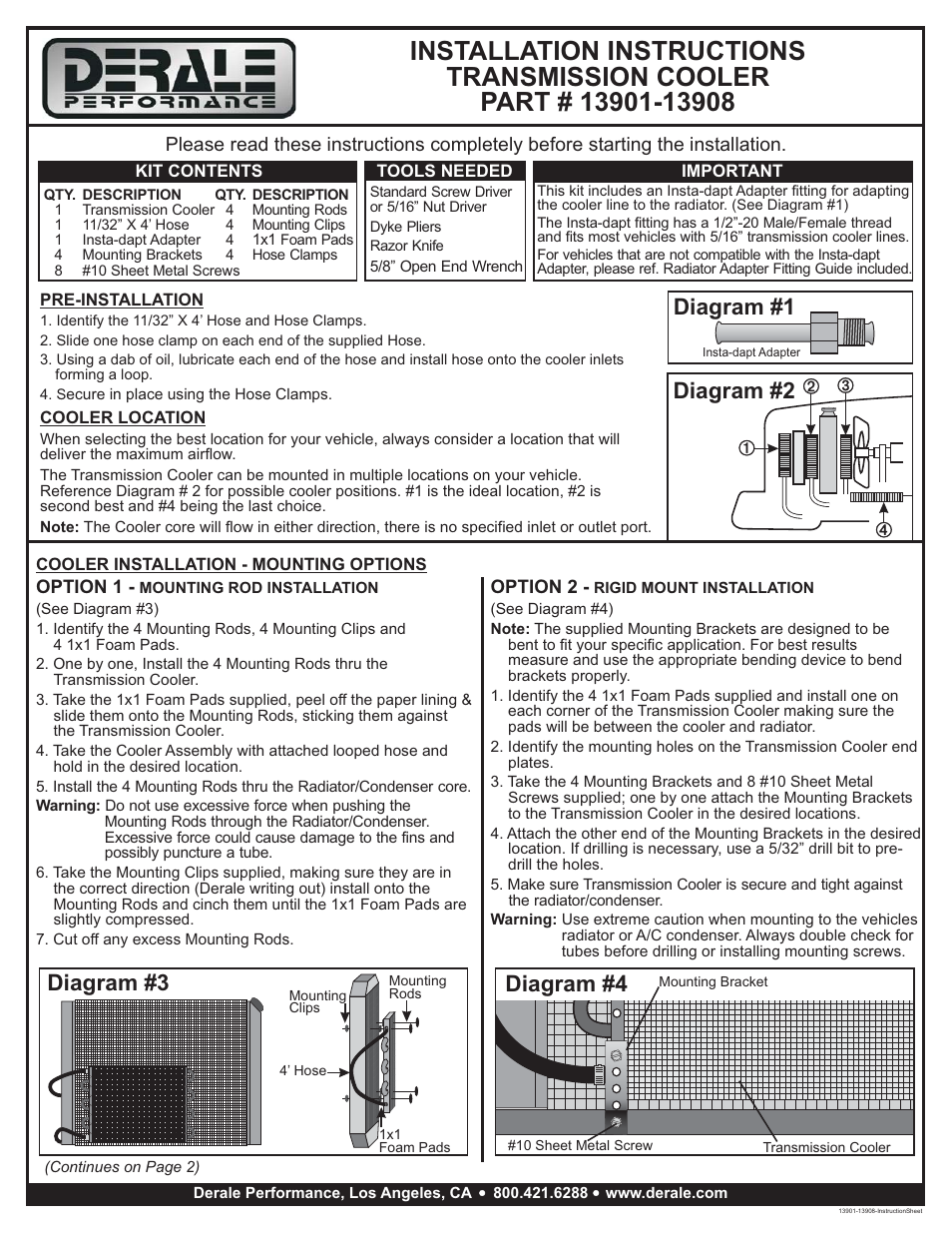 Derale Performance Transmission Cooler User Manual | 3 pages