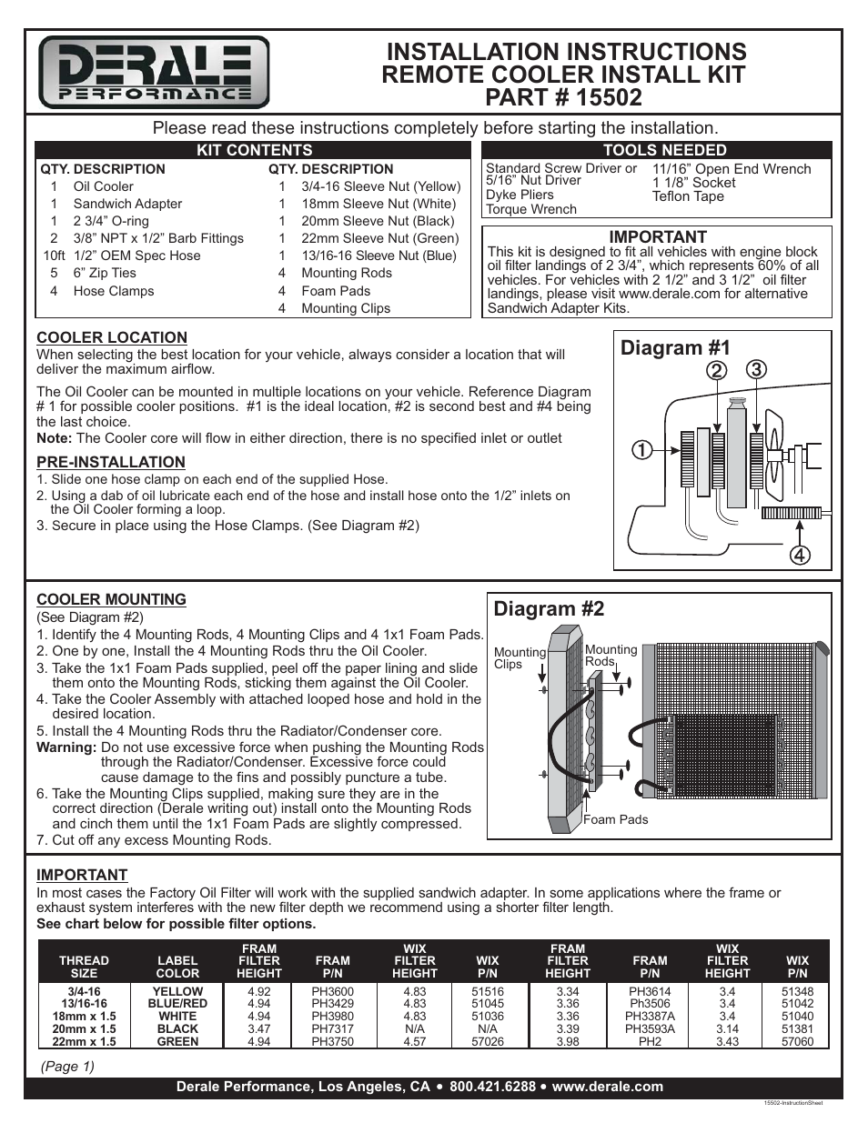 Derale Performance 6 Pass Series 7000 Aluminum_Copper Universal Engine Oil Cooler Kit, Sandwich Adapter User Manual | 2 pages