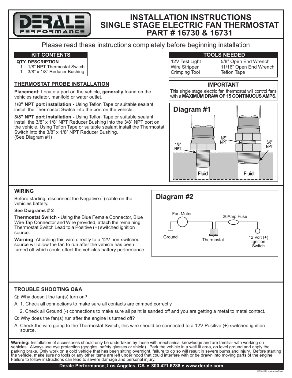 Derale Performance Single Stage Elctric Fan Thermostat User Manual | 1 page