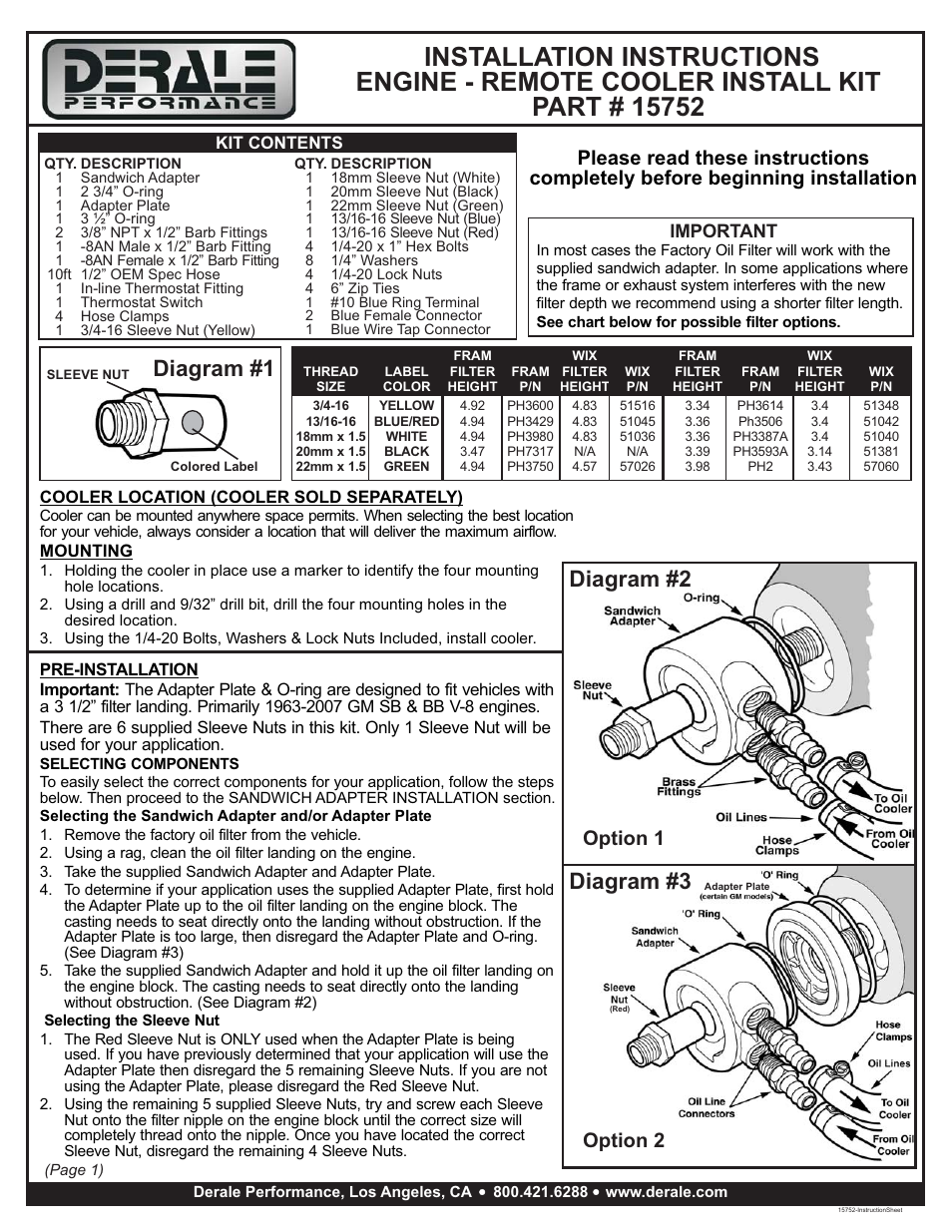 Derale Performance Universal Remote Engine Oil Cooler Mounting Kit User Manual | 2 pages