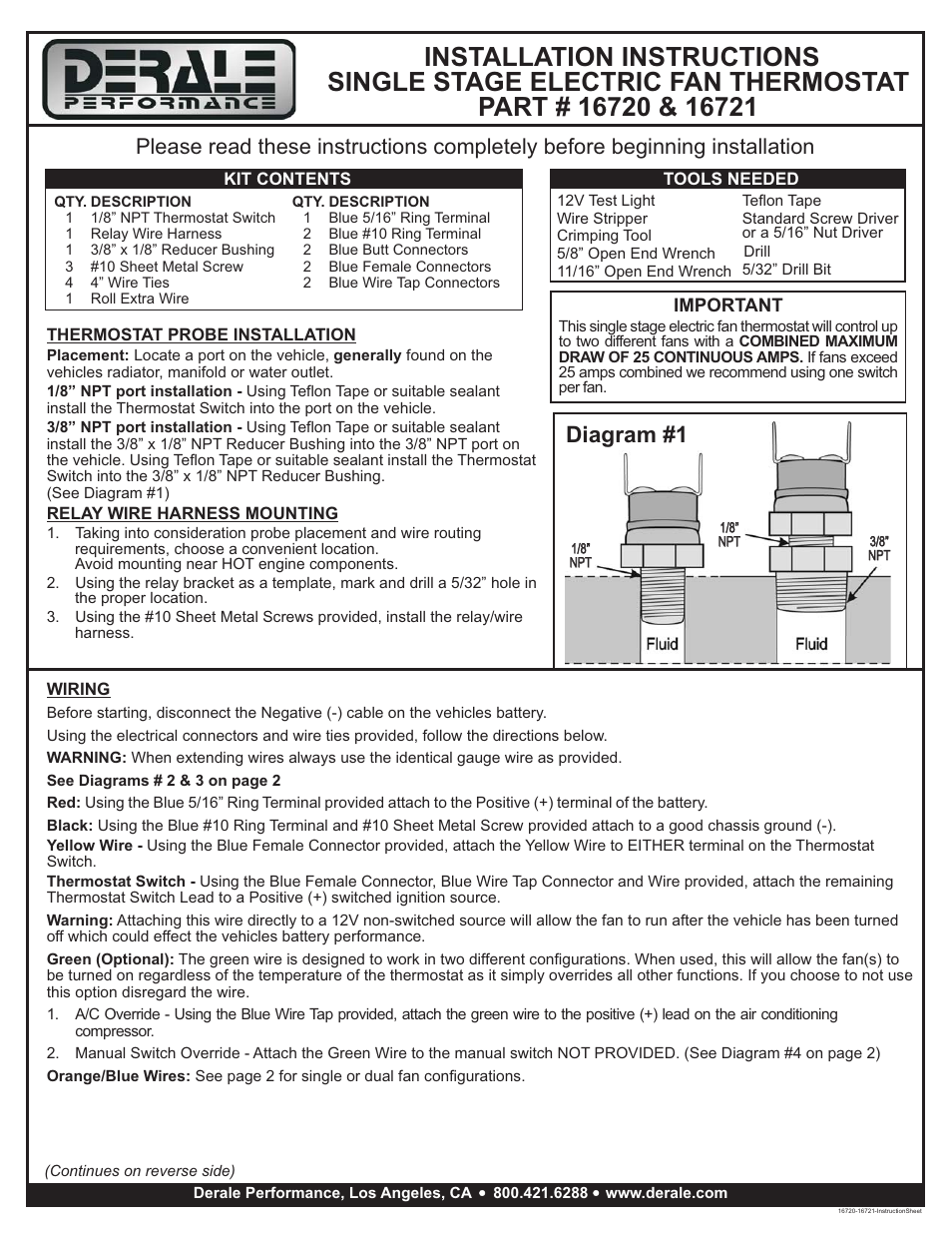 Derale Performance Single Stage Elctric Fan Thermostat User Manual | 2 pages