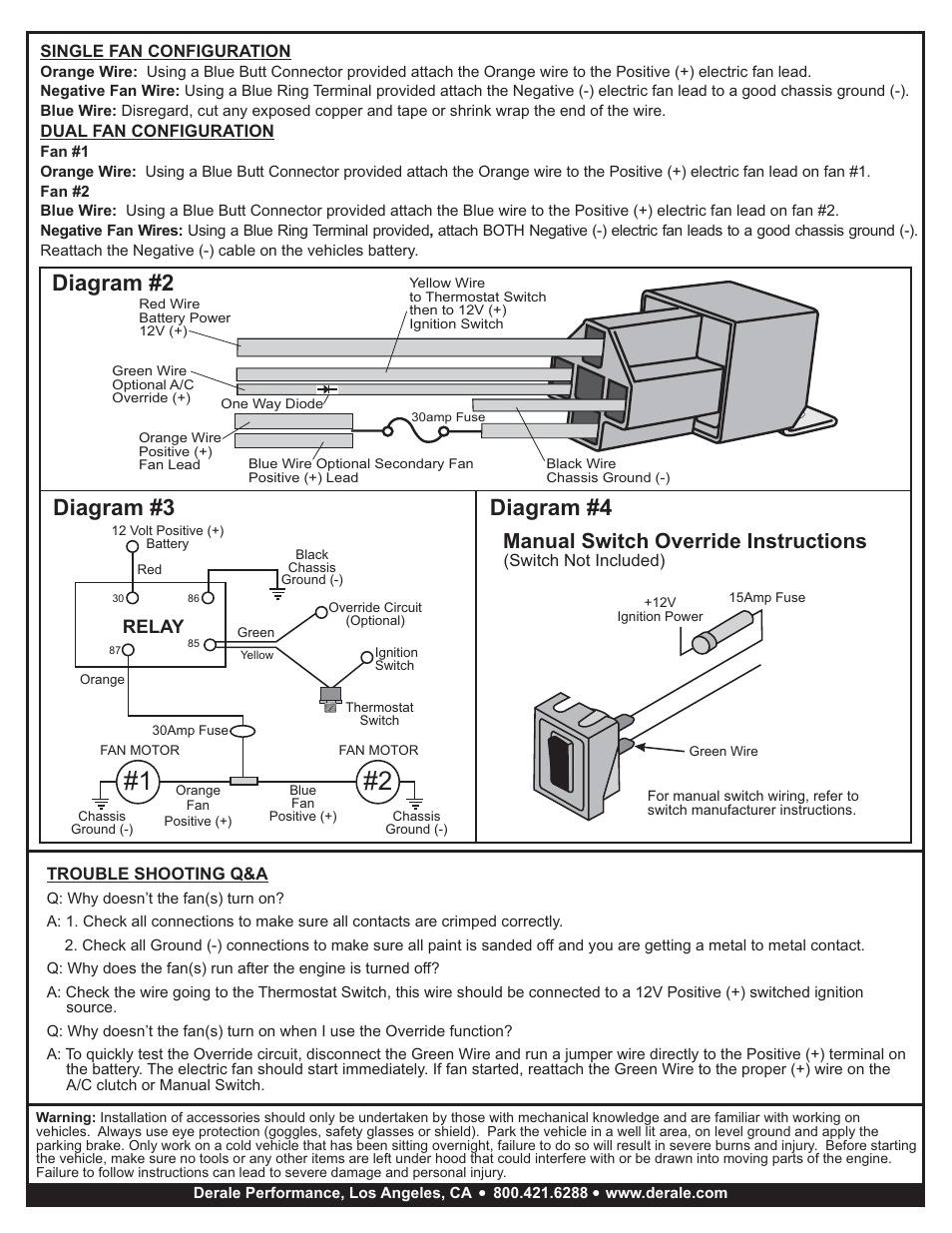 Diagram #4 diagram #2, Diagram #3, Manual switch override instructions | Relay | Derale Performance Single Stage Elctric Fan Thermostat User Manual | Page 2 / 2