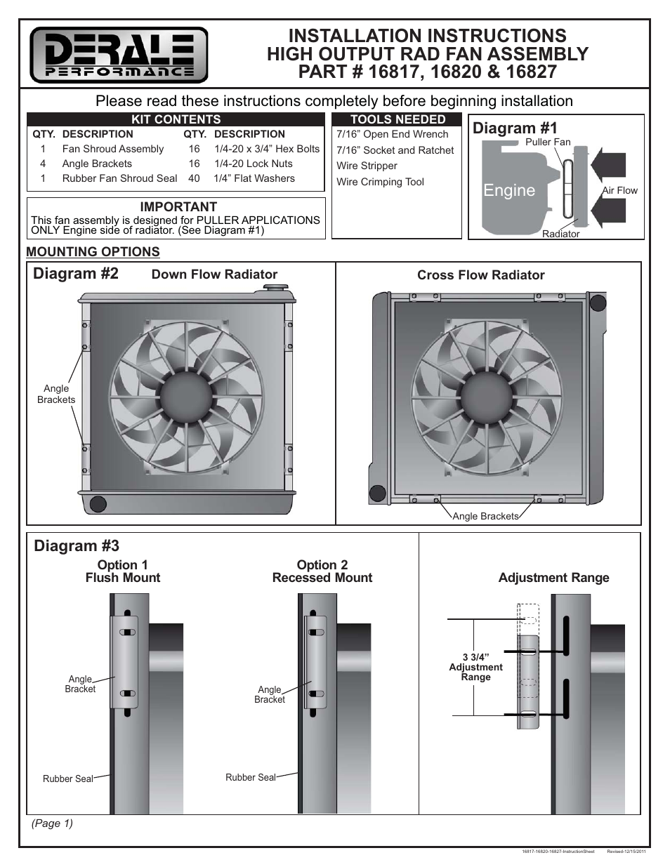 Derale Performance High Output Single 14" Electric RAD Copper_Aluminum Shroud Kit User Manual | 3 pages