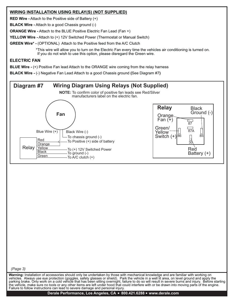 Diagram #7, Relay, Wiring diagram using relays (not supplied) | Derale Performance High Output Single 14" Electric RAD Copper_Aluminum Shroud Kit User Manual | Page 3 / 3