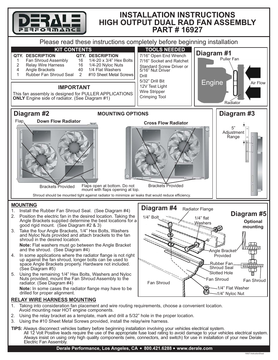 Derale Performance High Output Dual 13" Electric RAD Fan_Powdercoated Steel Shroud Kit User Manual | 2 pages
