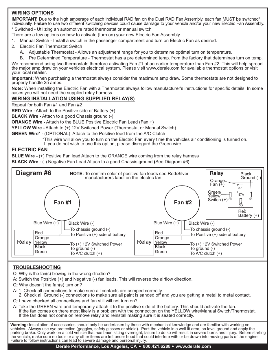 Diagram #6, Relay, Fan #1 fan #2 | Derale Performance High Output Dual 13" Electric RAD Fan_Powdercoated Steel Shroud Kit User Manual | Page 2 / 2