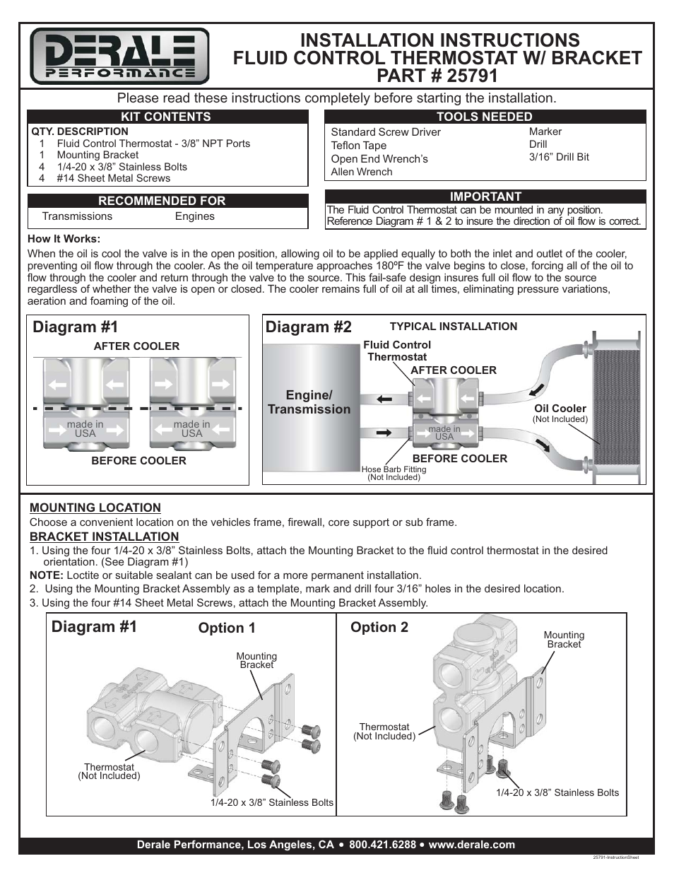 Derale Performance 3__8" NPT Fluid Control Thermostat with Mounting Bracket User Manual | 1 page