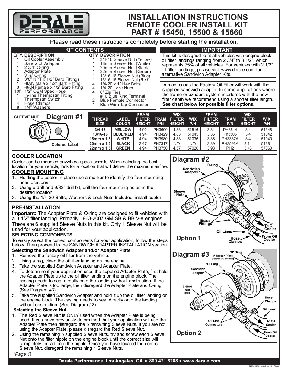 Derale Performance 15 Row Atomic Cool Plate & Fin Remote Engine Oil Cooler Kit, -8AN User Manual | 2 pages