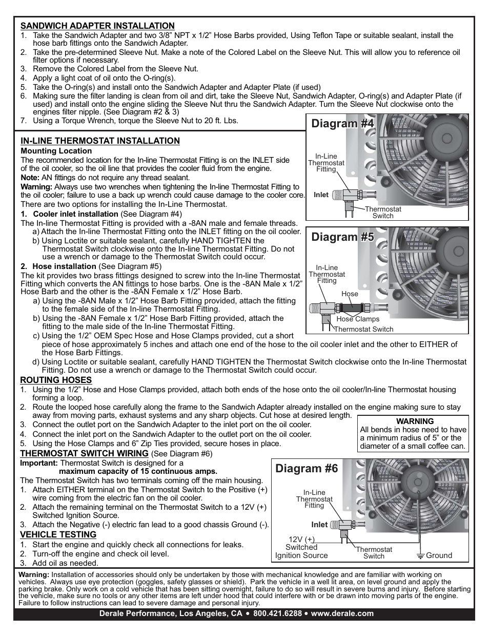 Diagram #4, Diagram #5, Diagram #6 | Derale Performance 15 Row Atomic Cool Plate & Fin Remote Engine Oil Cooler Kit, -8AN User Manual | Page 2 / 2