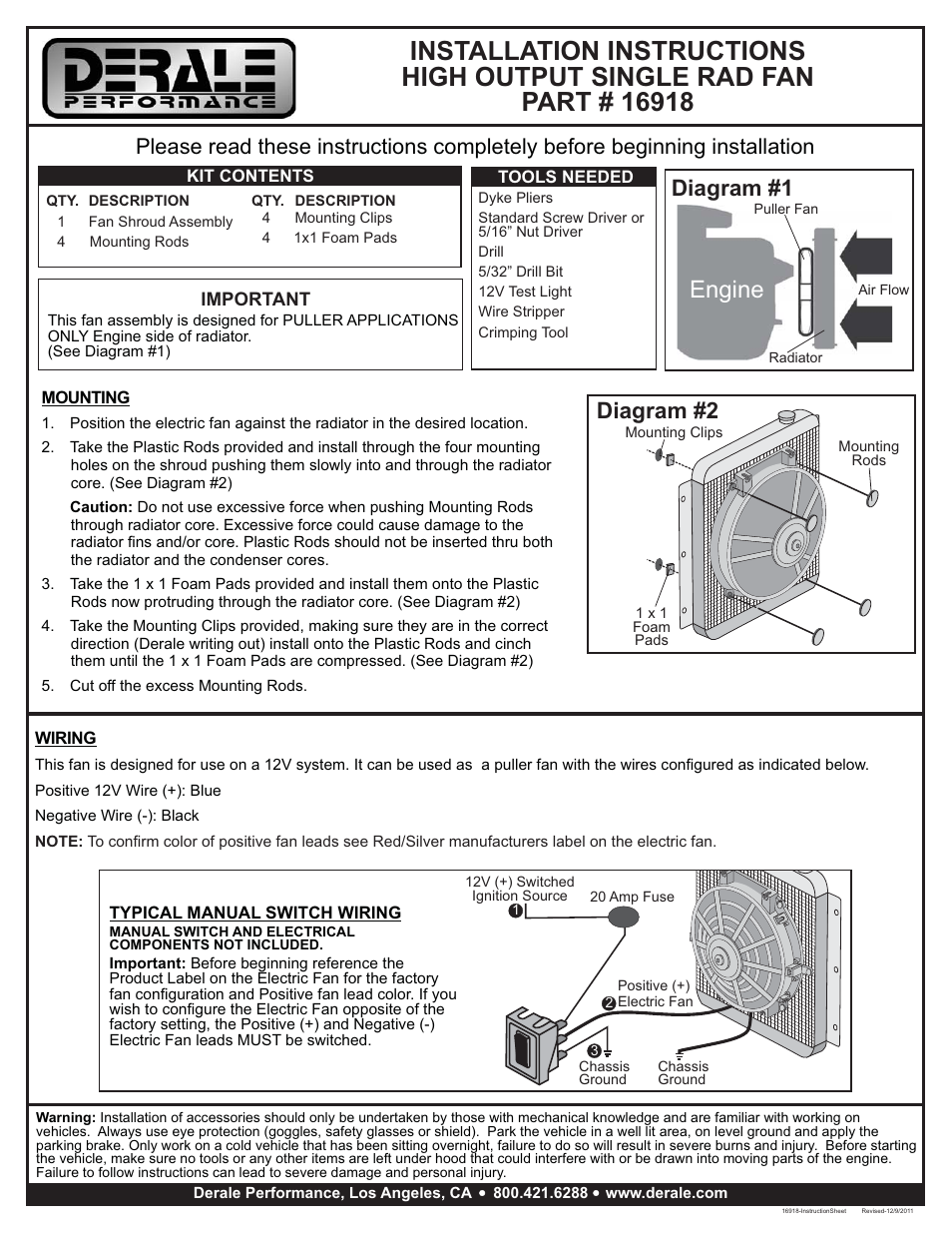 Derale Performance 12" High Output IP-68 Electric Puller Fan User Manual | 1 page