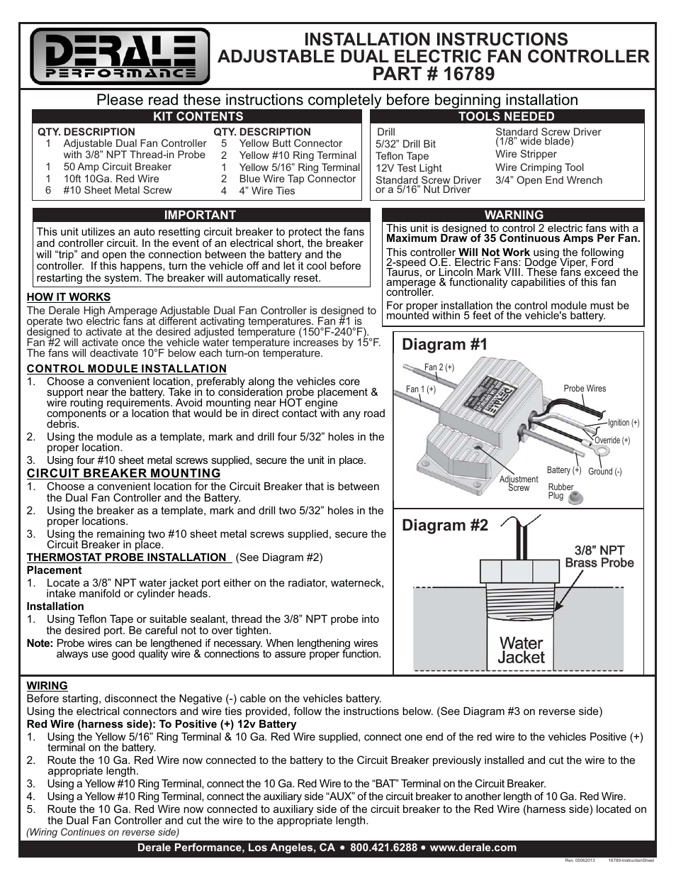 Derale Performance High Amperage Adjustable Dual Electric Fan Controller, 3__8" NPT Thread In Probe User Manual | 2 pages