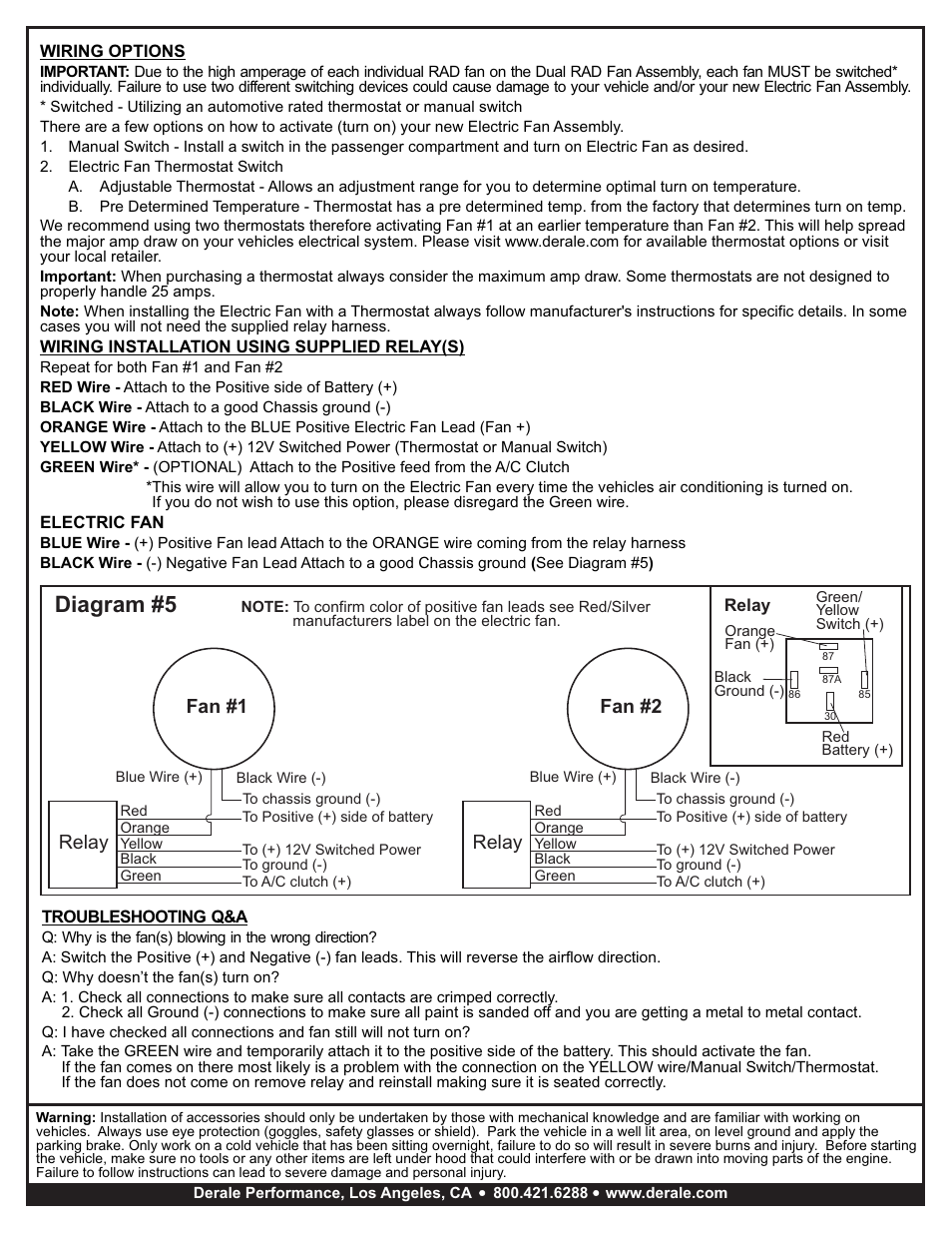 Diagram #5, Relay, Fan #1 fan #2 | Derale Performance High Output Dual 13" Electric RAD Fan_Plastic Shroud Kit User Manual | Page 2 / 2