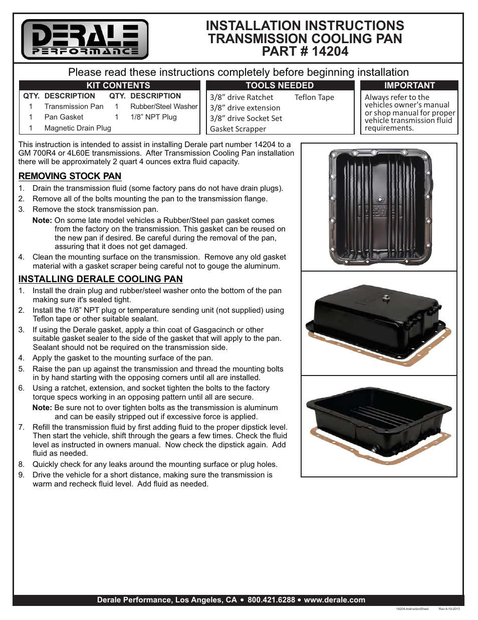 Derale Performance GM 700R4, 4L60 & 4L60E Transmission Cooling Pan User Manual | 1 page