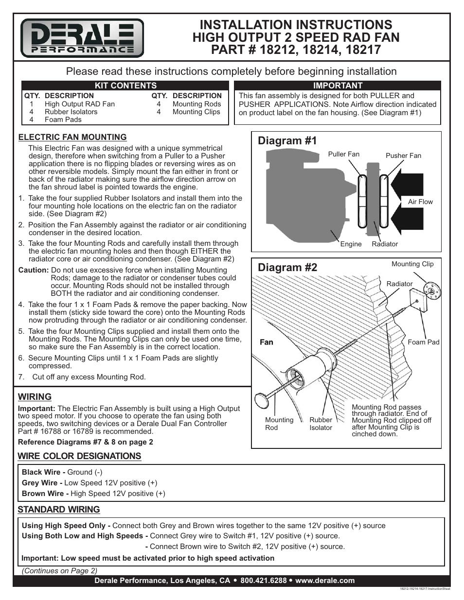 Derale Performance 17" High Output Single RAD Pusher_Puller Fan with Standard Mount Kit User Manual | 2 pages