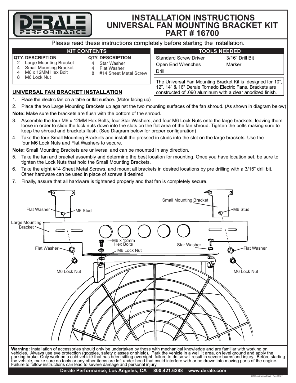 Derale Performance Aluminum Tornado Electric Fan Mounting Bracket Kit, Single Fan User Manual | 1 page