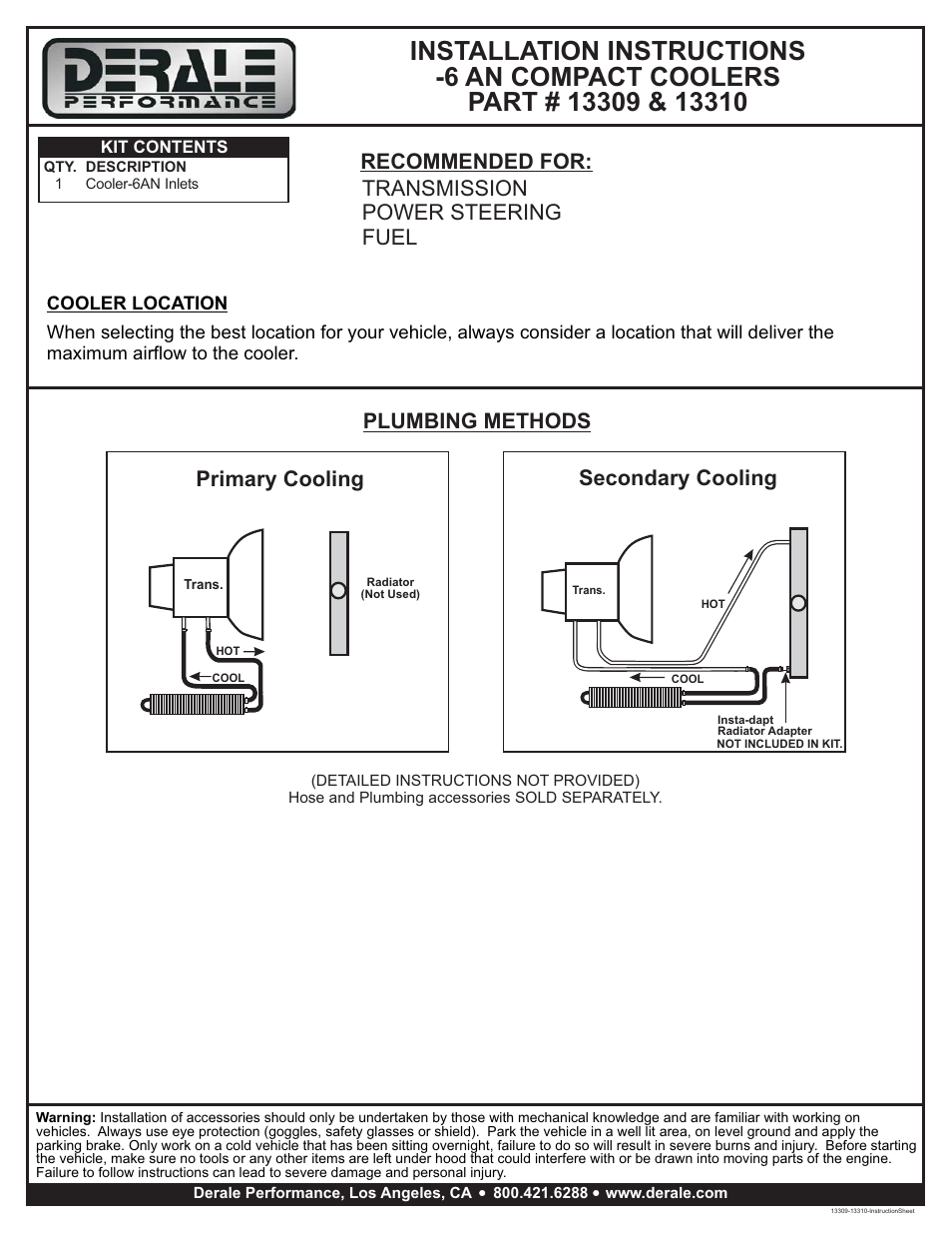 Derale Performance 2 Pass 8" Series 7000 Copper_Aluminum Cooler with Mount Brackets, -6AN User Manual | 1 page