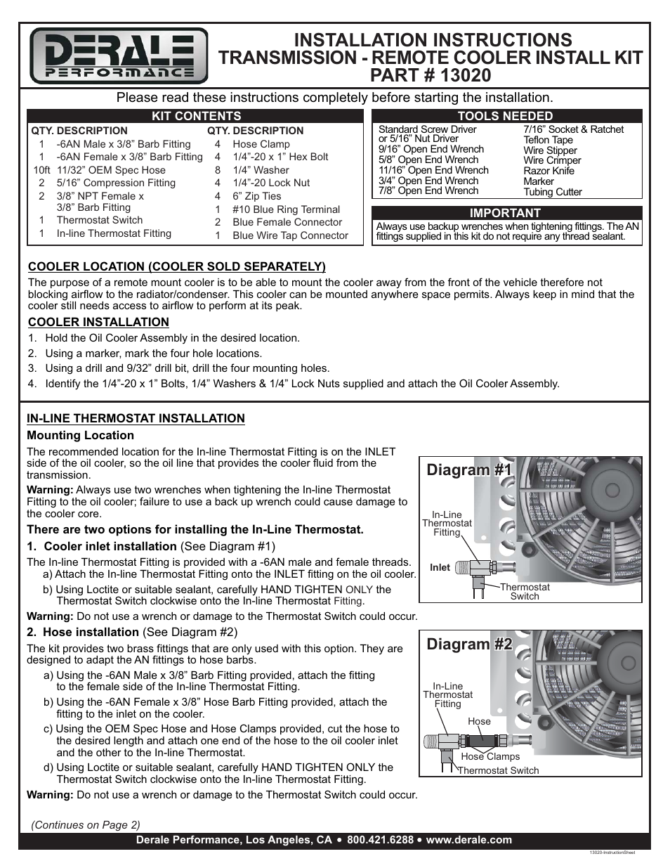 Derale Performance Remote Transmission Cooler Mount Kit for 5__16" Lines User Manual | 2 pages
