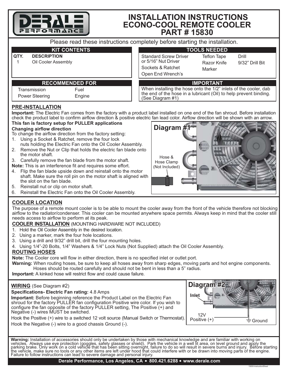 Derale Performance 6 Pass Econo-Cool Remote Cooler, 1_2" Barb Inlets User Manual | 1 page