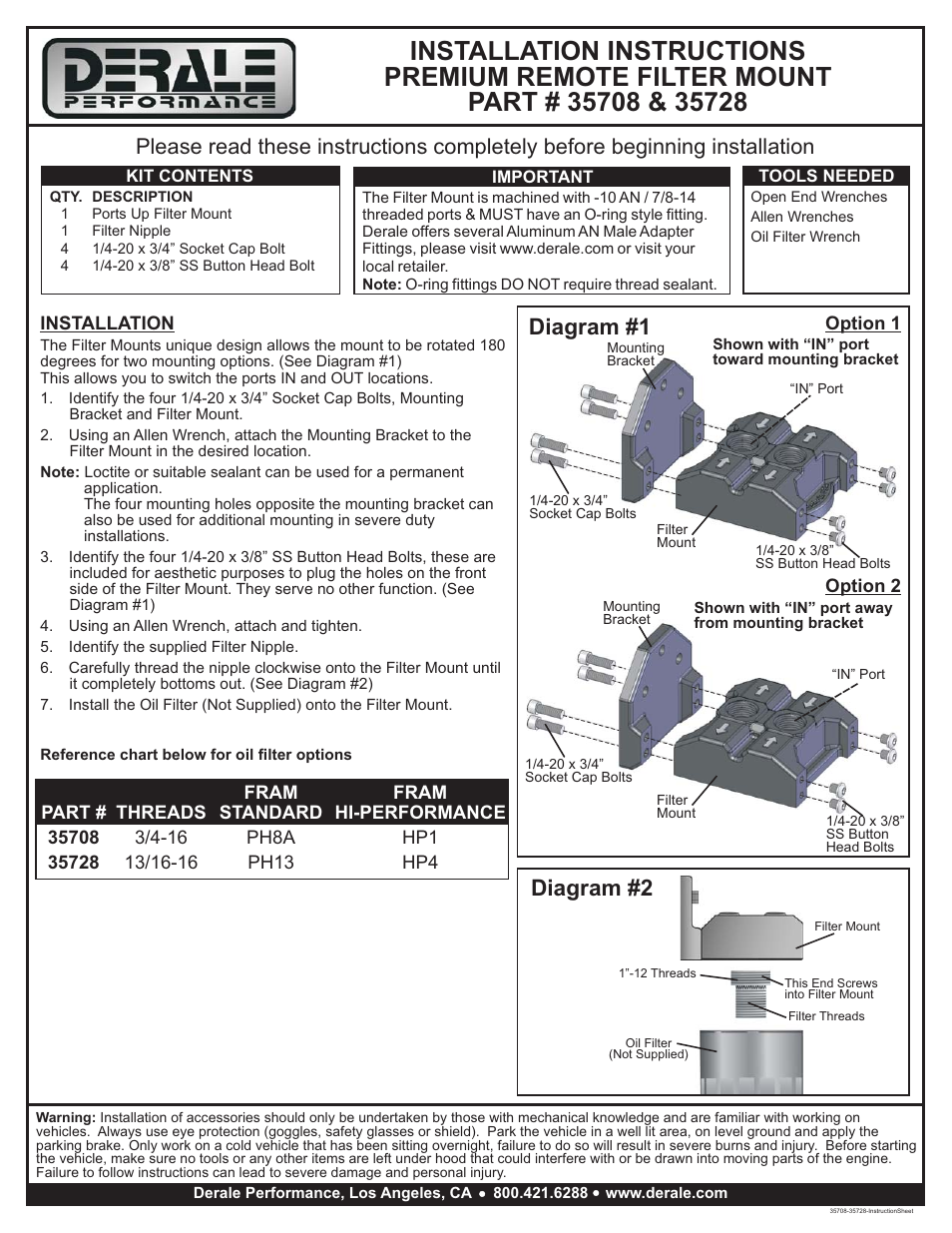 Derale Performance Premium -10AN Ports Up Single Filter Mount, 3__4"-16 Filter Threads User Manual | 1 page