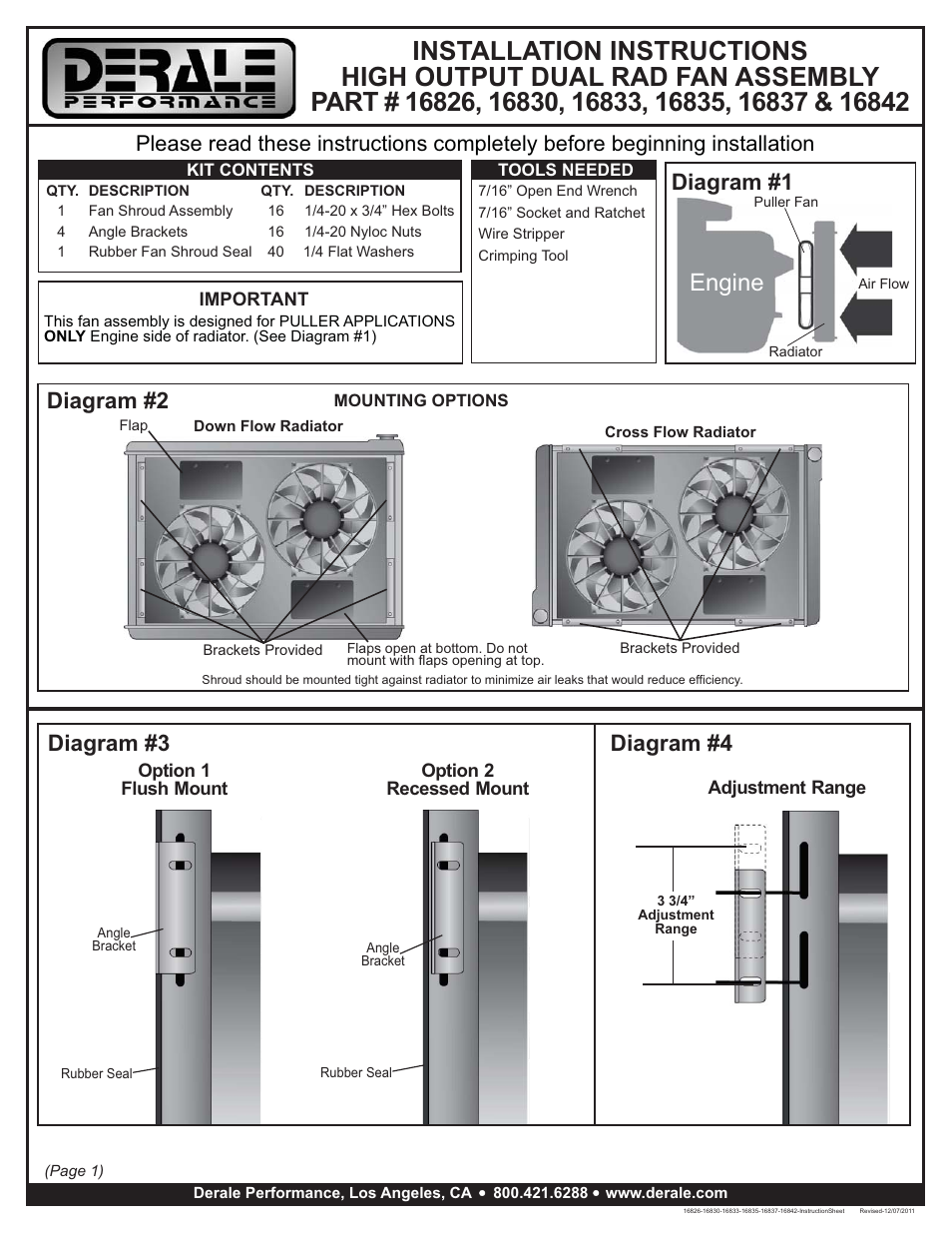 Derale Performance High Output Dual 13" Electric RAD Copper_Aluminum Shroud Kit User Manual | 3 pages