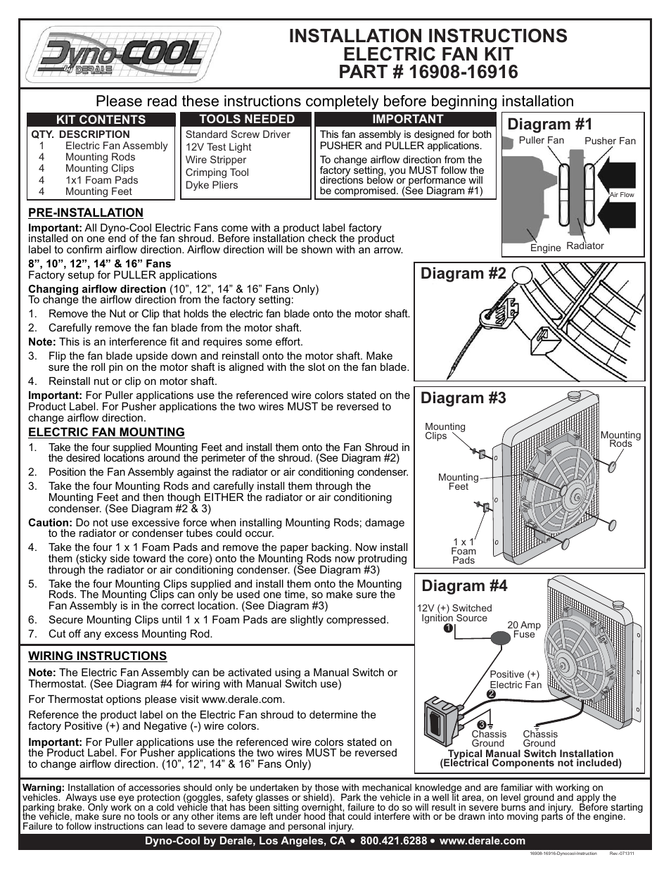 Derale Performance 16" Dyno-Cool Straight Blade Electric Fan User Manual | 1 page