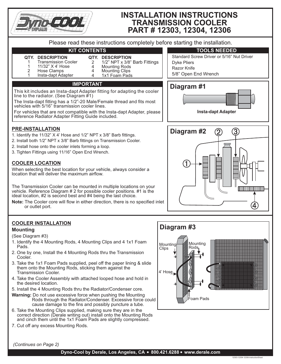 Derale Performance Dyno Cool Transmission Cooler User Manual | 3 pages